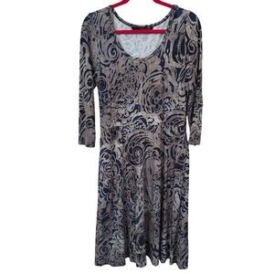 Peruvian Connection Blue Beige Swirl Midi Dress M Scoop Neck 3/4 Sleeve Artsy